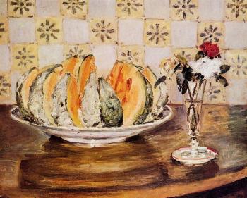Pierre Auguste Renoir : Still Life with a Melon and a Vase of Flowers